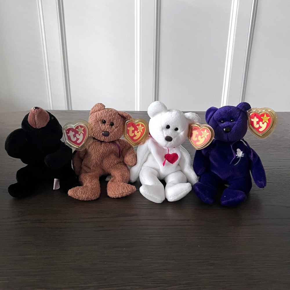 Ty Set of 4 Collectible Beanie Babies -Blackie,Valentino,Curly,Princess- Retired